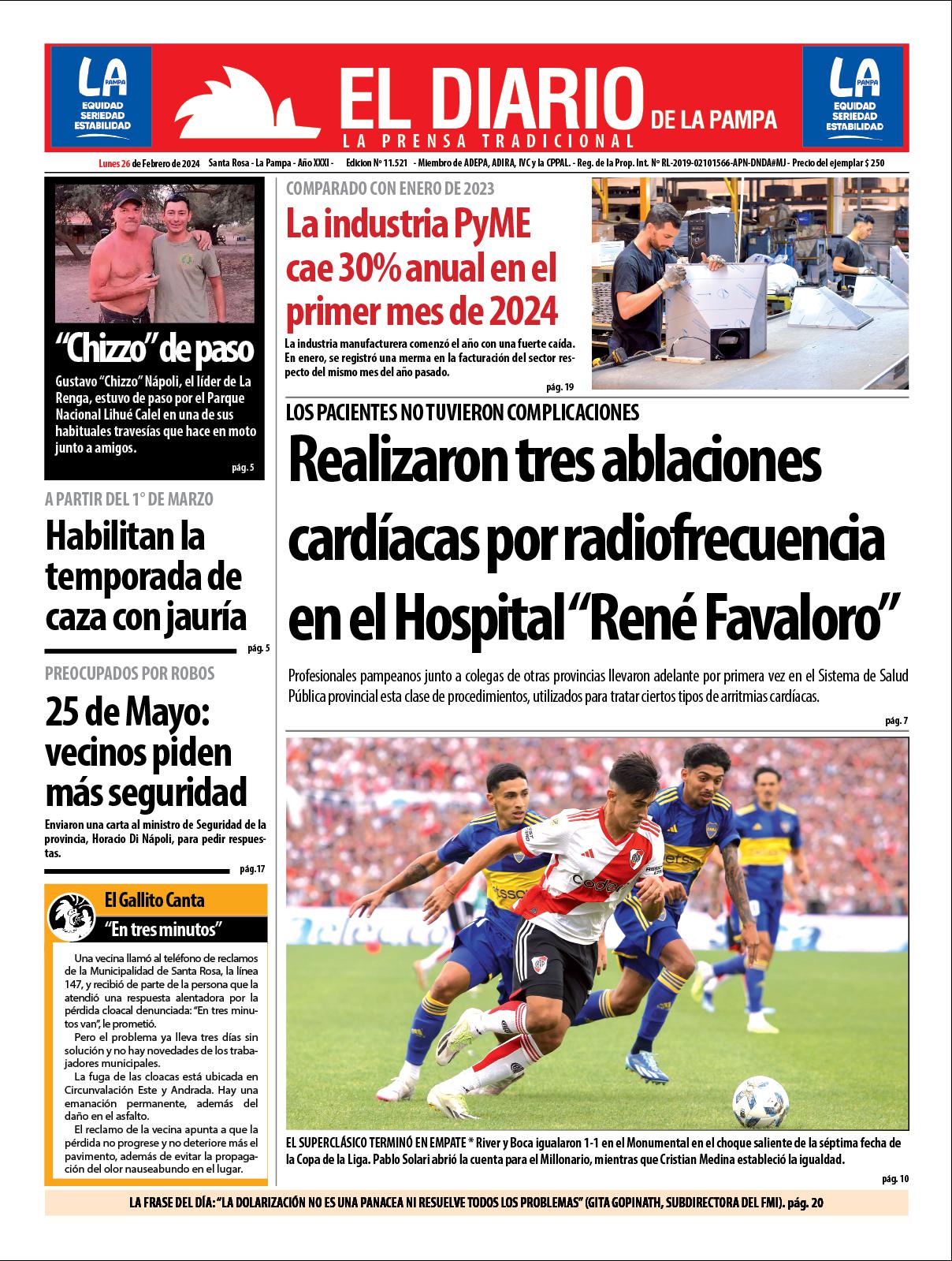 Tapa de El Diario en papel  lunes 26 de febrero de 2024